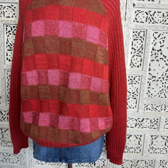 Vtg Marina Yachting Wool Blend Pink & Red Checkered Chunky Turtleneck Sweater - Picture 4 of 9